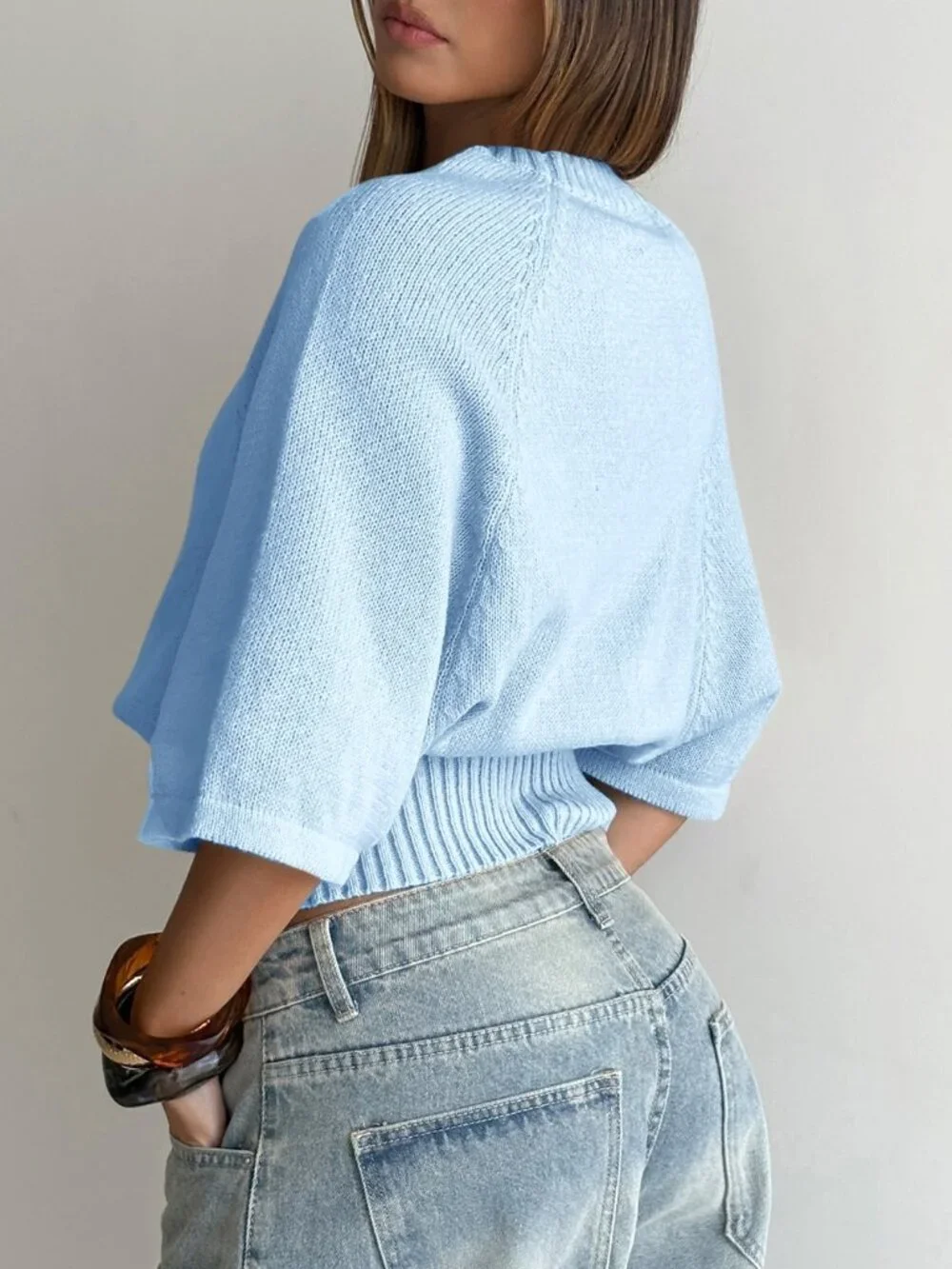 Baby Blue Casual Women's All Over Print Rib-Knit Round Neck Slim Fit Pullovers